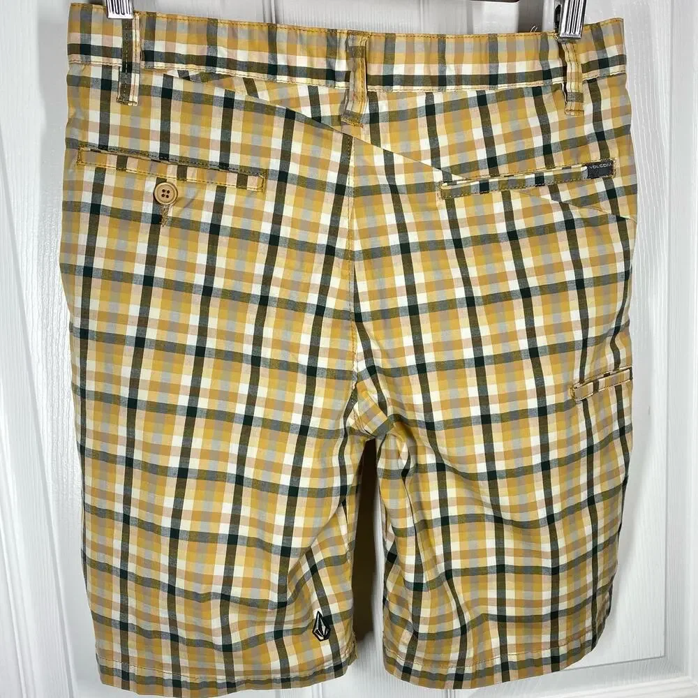 Volcom Frickin Mini Check Stretch Shorts Yellow Gray Plaid Mens Size 30 - Picture 2 of 8